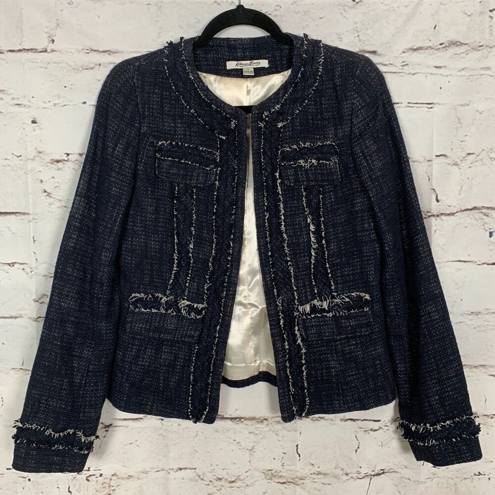 KATHERINE BARCLAY Navy Blue Tweed Cotton Linen Lined Blazer Jacket Size 2 Chic